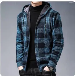 Jaquetas masculinas tricotar jaqueta xadrez masculino de rua com capuz de casaco com casaco harajuku machado outono quente