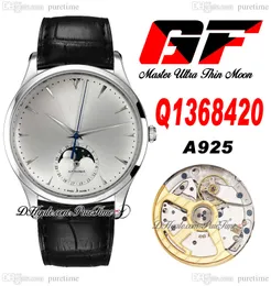 GF Master Ultra cienki A925 Automatyczna męska zegarek Q1368420 Faza księżyca Zmiany miesięcznie 39 mm stalowe obudowa White Dial Skórzana Pasek Super Edycja Zegarki Pureteme B2