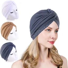 Donne Elastico Nodo Twist Turban Cap Musulmano di spessore Indiano Cappelli Fasce Signore Pieghettato Hijab Cappello Femminile Copricapo Accessori Per Capelli