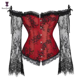 Waist Tummy Shaper Long Floral Sleeves Women's Sexy Gothic Victorian Corset Vintage Lace Up Bustier Off Shoulder Corsets Overbust Top 221019