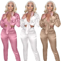 V-ringning Tracksuit Two Piece Pants Women Sexig Bandage Crop Top och Bottoms Set Suit Wears Free Ship