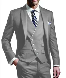 Grey Groom Tuxedos Peak Lapel Slim Fit Groomsmen Wedding Dress Fashionable Man Jacket Blazer 3 Piece Suit Custom Made