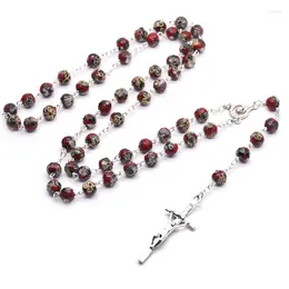 قلادات قلادة Qigo Red Cloisonne Rosary Neckalce Long يسوع عبر الهدية المجوهرات الكاثوليكية الكاثوليكية