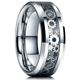 ヴィンテージシルバーカラーの歯車ステンレス鋼メンズリングケルトドラゴンブラックカーボンファイバーインレイリングメンズ結婚指輪