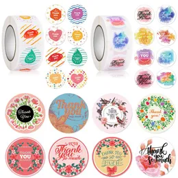 Hediye sargısı 500pcs/Roll Teşekkürler Çiçekler Çıkarma Kağıt Etiketleri Yuvarlak Ödül Scrapbooking Çıkartmaları Düğün Parti Zarf Mühür Kırtasiye