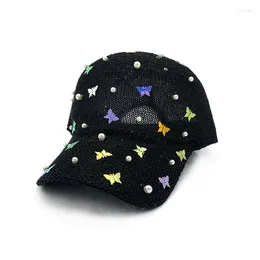 Ballkappen Marke Baseballmütze Frauen Atmungsaktive Schmetterling Pailletten Mesh Snapback Knochen Perle Mode Damen Sommer Sonnenhut