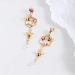 Stud Earrings European And American Jewelry Hand-Painted Enamel Glaze Cute Bee Flower Hollow Hexagon Long