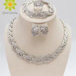 Wedding Jewelry Sets Leaves Shape Silver Plated Clear Crystal Set Fashion Bridal African Costume 221109