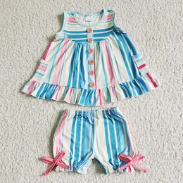 Clothing Sets Baby Girl Western Colorful Stripe Children Summer Pocket Top Wholesale Toddler Ruffle Shorts Kids Outfit Fashion Set