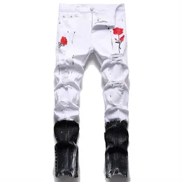 Männer Jeans Männer Rose Stickerei Jeans Mode Löcher Ripped Stretch Denim Hosen Unten Reißverschluss Slim Tapered Bleistift Hose Weiß schwarz T221102