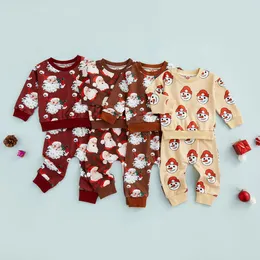 의류 세트 패션 패션 출신 아기 소년 여자 크리스마스 산타 클로스 프린트 긴 소매 스웨트 셔츠 슬롱 바지 크리스마스 의상 221111