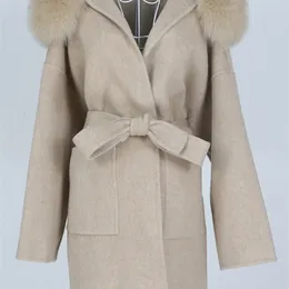 Wool Blends Oftbuy Overbuy luźne kaszmirowe prawdziwe futra płaszcza zimowa kurtka Kobiet Naturalny kołnierz pasek odzieży wierzchniej 221113