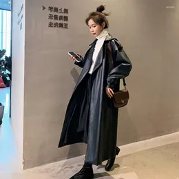 여성 가죽 봄 블랙 대형 긴 방수 트렌치 코트 2022 슬리브 느슨한 한국 패션 의류 Trenchcoats ZZ736