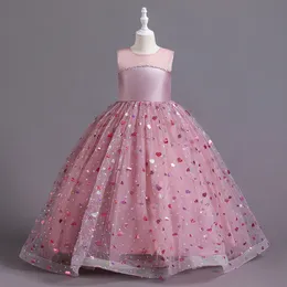 귀여운 분홍색 레이스 작은 아이 꽃 소녀 드레스 공주 보석 목 얇은 명주