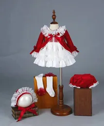 Sukienki dziewczyny 4PCS Autumn zima wiosna Red Velvet Vintage hiszpańska księżniczka Lolita pompom piłka Bożego Narodzenia urodziny sukienka przyjęcia 221111