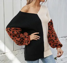 Nouveau femmes chandails tricotés mode col en V à manches longues pulls amples tricots décontractés élégant léopard contraste haut