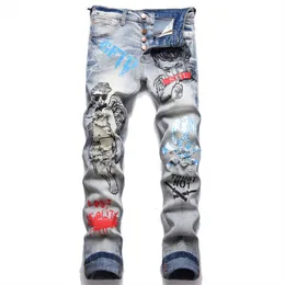 Men's Jeans Men Skull Print Jeans Trendy Character Slogan Painted Stretch Pants Vintage Punk Button Fly Holes Ripped Slim Tapered Trousers T221102