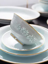 그릇 Celadon 절묘한 식기 접시 및 가정용 고온 도자기 고급 골드 림드 그릇 접시
