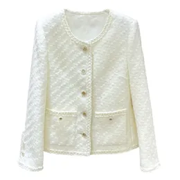 2022 Autumn Ivory Solid Color Contrast Trim Tweed Jacket Long Sleeve Round Neck Pockets Single-Breasted Jackets Coat Short Outwear A2N086301