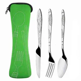 Conjunto de talheres portátil com bolsa com zíper para viagem ao ar livre acampamento talheres recicláveis bolsa garfos colher faca kit talheres