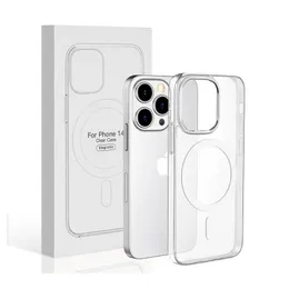 Transparenta magnetiska fall st￶der Magsafing tr￥dl￶s laddningsk￥pa akrylsock f￶r iPhone 14 13 12 11 Pro Max XR XS X 8 7 Plus Samsung S22 Ultra med paket