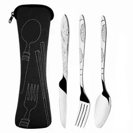 Stainless Steel Flatware Sets 3pcs Knives/Spoons/Forks Dishwasher Safe Modern Tableware Cutlery Set with Storage Bag for Camping