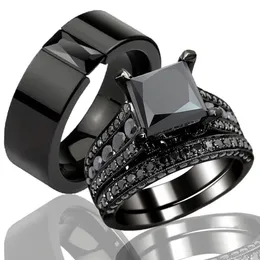 Mode Paar Schmuck Liebhaber Ringe Damen Schwarz Zirkon Verlobungsring Set Herren Edelstahl Ehering Jubiläumsgeschenk