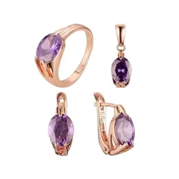 Wedding Jewelry Sets Luxury Women Purple Blue Stone Rose 585 Gold Color Fashion Office Style Ring Gift 221109