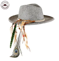WholeVintage unisex wool Jazz hats large brim felt cowboy panama fedora hat for women feather headband black grey fedoras HU4508554