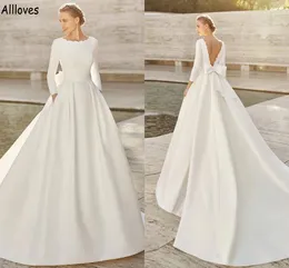 Boho Ivory Satin A Line Wedding Dresses Jewel Neck 3/4 Long Sleeves Sweep Train Bridal Gowns Big Bow Sexy Open Back Fashion Simple Robes de Mariee CL1441