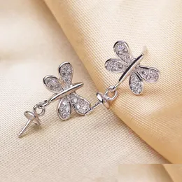 Smyckesinst￤llningar 925 Sier Pearl Earings St￤lla in Zircon Solid Dragonfly Earing Ring Montering Blank Diy Jewelry Gift For Fmale Drop Del Dhlws