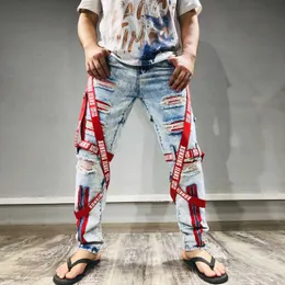 Męskie dżinsy 2022 Style klimatyczne Paski Paski Rozryte punkowe mężczyzn Slim Dżinsy Spodnie Zamek Hip Hop Vintage Denim Pants Pantn Homme T221102