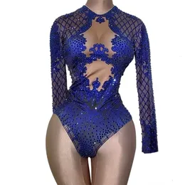 Womens Jumpsuits Rompers Sexy Blue Print Dancer Bodysuit Women Long Sleeve Elastic Crystal Jumpsuit Female Club Showgirl Stage Leotard Costume 221113