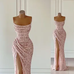 Elegant Design Prom Dresses Mermaid Strapless Backless Sleeveless with Shining Beaded Front Split Flour Length Custom Made Plus Size Party Dress Robes