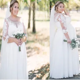 2023 Land schwangere Brautkleider Brautkleid Strand 3/4 lange Ärmel U-Ausschnitt Spitze Applikation Designer bodenlang A-Linie nach Maß Plus Size Vestido de Novia