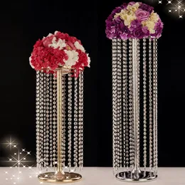 Bröllopsfärishjulljushållare Crystal Acrylic Beads T Stage Road Lead Weddings Huvudbord Centerpiece Flower Stand Hem Dekorativ