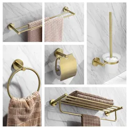Acessório de banho Conjunto de acessórios de banheiro dourado escovado toalha de latão/rack de papel/anel/barra de hardware de escova de vaso sanitário Chegada de hardware