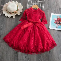 Sukienki dziewczęce czerwone dziewczyny dla dzieci boże narodzenie księżniczka haft z koronką urodziny wesele Vestidos dzieci jesienna odzież 221114