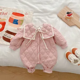 Barn baby flickor vinter full ärm ruffles båge pläd varmt förtjockar kläder spädbarn jumpsuits vadderad romper 0-24m