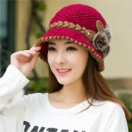 Berets Women Lady Winter Warm Casual Caps Female Beautiful Wool Crochet Knitted Flowers Decorated Ears Hats Bonnet Femme