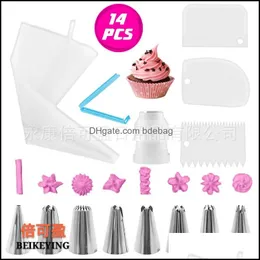 Cake Tools 14 PCS Suit Cake Munstycke Bag Clip Small Converter Scraper Kit rostfritt stål Bakning Blomma Dekorationsredskap MTI Färg DHR9E
