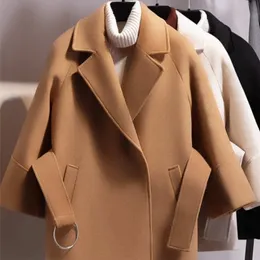 Womens Wool Blends Coats Woman Winter and Jackets Women Trench Coat Chat de manga comprida Cabo de topo de corte com roupas de cintura solta 221113