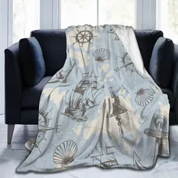 Blankets Soft Fleece Blanket Vintage Nautical With Swordfish Ship Wheel Anchor Lighthouse Seashell Sofa Throw Light Wash Flannel