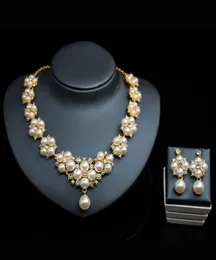 Lüks Gelin Mücevher İnci Kolye Küpe Aksesuarları Kristal Kolye ile Çiçek Şekli Setleri Düğün Mücevher Nişanı Jewelr5381878