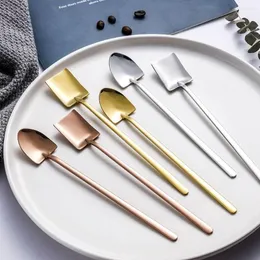 Dinnerware Sets Square Tip Round Head Stainless Steel Spoons High-grade Gold-plated Long-handled Korean Style Coffee Stirring