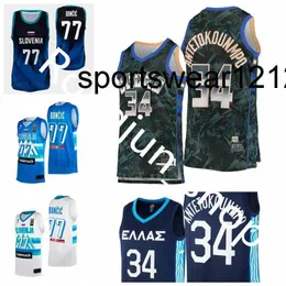 스티치 2021 농구 Luka Doncic #77 Giannis Antetokounmpo #34 그리스 국립 저지 블루 화이트 그린