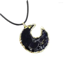 Pendant Necklaces Natural Black Obsidian Raw Agate Onyx Stone Charm Moon Crescent Shape Leather Rope Necklace For Women Gift 18 Inches