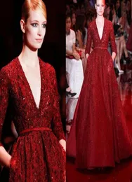 Великолепные эли Сааб красные благородные вечерние платья знаменитые платья с блестками сияющие глубокие длина длина длина длина длина рукава с длинными рукавами Formal2712120