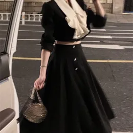 Dwuczęściowa sukienka Koreańska jesień Elegancka 2 seta dama dama z długich rękawów topy zwykłe czarne midi spódnica szczupła retro 221115