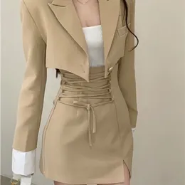2 피스 드레스 2 세트 여성 캐주얼 Y2K 작물 탑 우아한 재킷 코트 미니 스커트 한국 패션 정장 가을 블레이저 221115